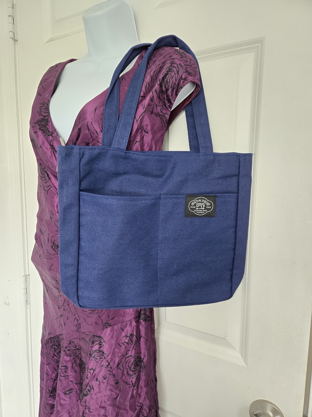 Casual Navy Tote Bag with Front Pockets - Unbranded